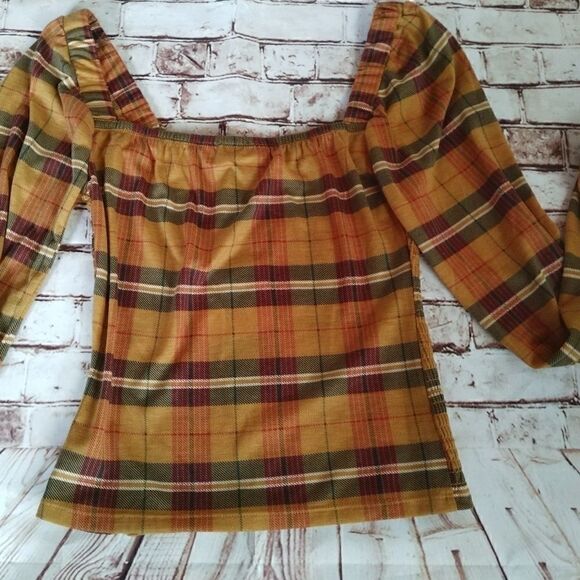 Mustard Plaid Long Sleeve Elasticized Top Small - Picture 7 of 7
